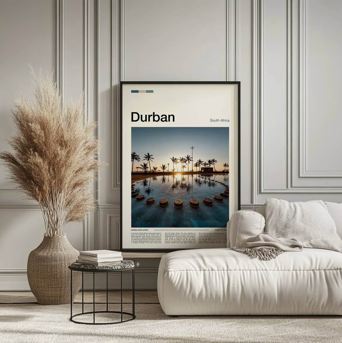 Durban Sunset Over The Water Travel Print framed on the wall of a calm, neutral bedroom
