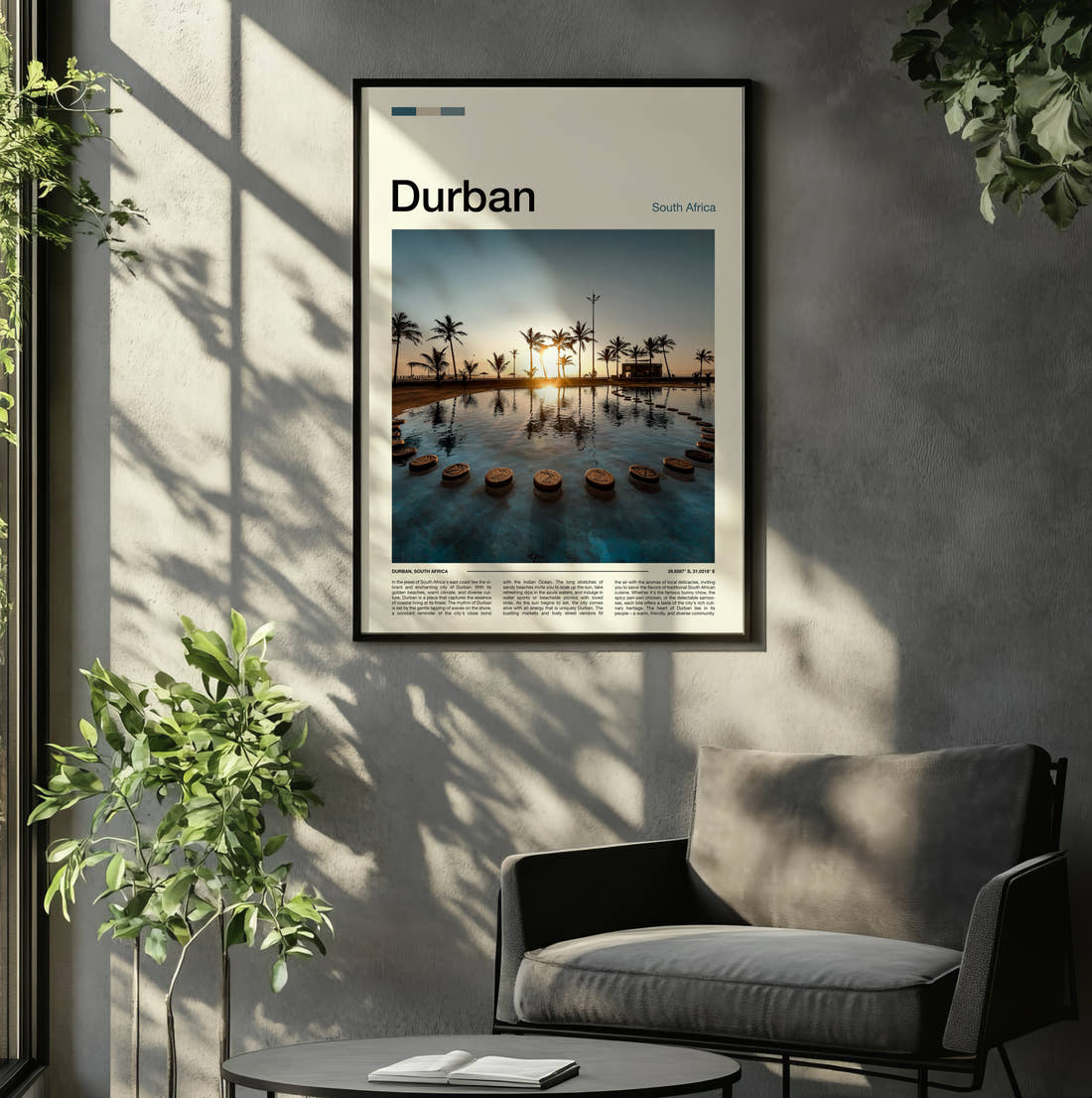 Durban Sunset Over The Water Travel Print framed on the wall of a relaxed living room
