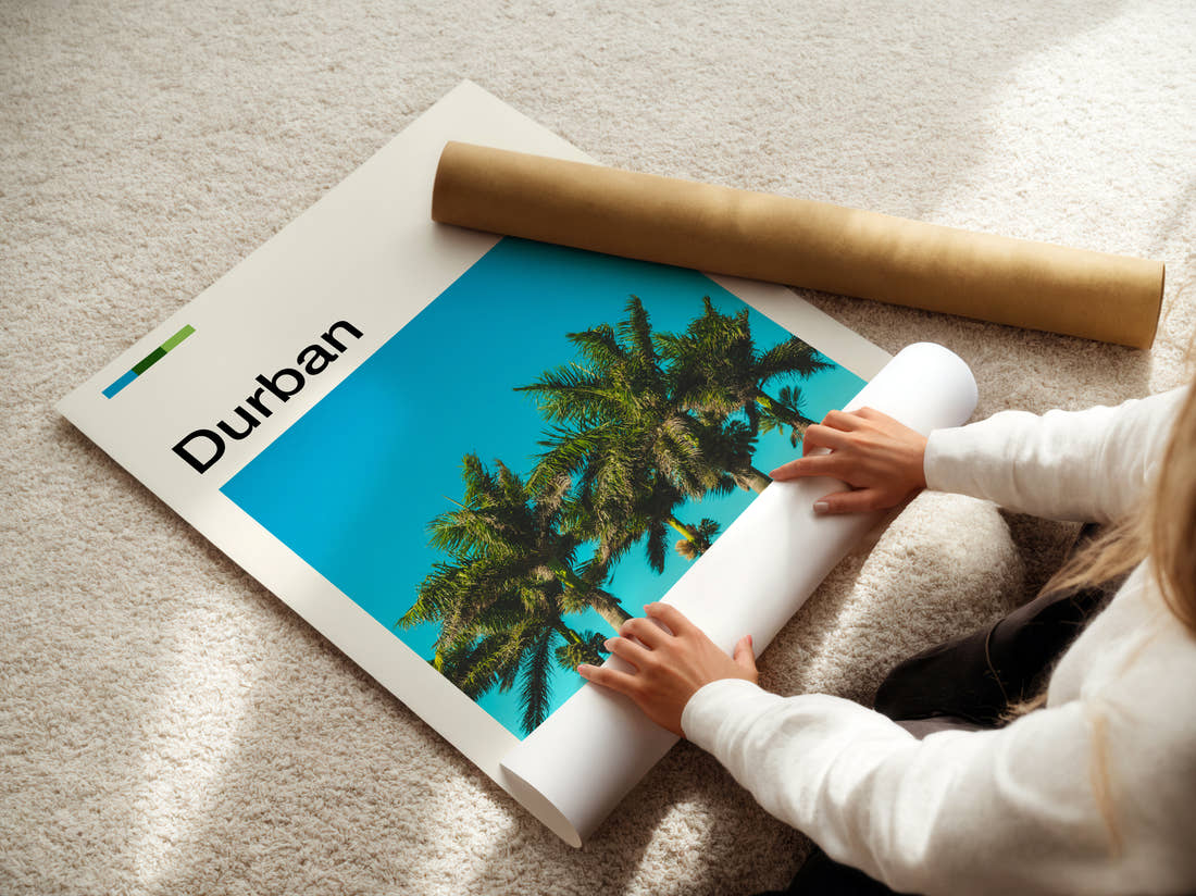 Durban Palm Trees Travel Print being unrolled from its postal tube