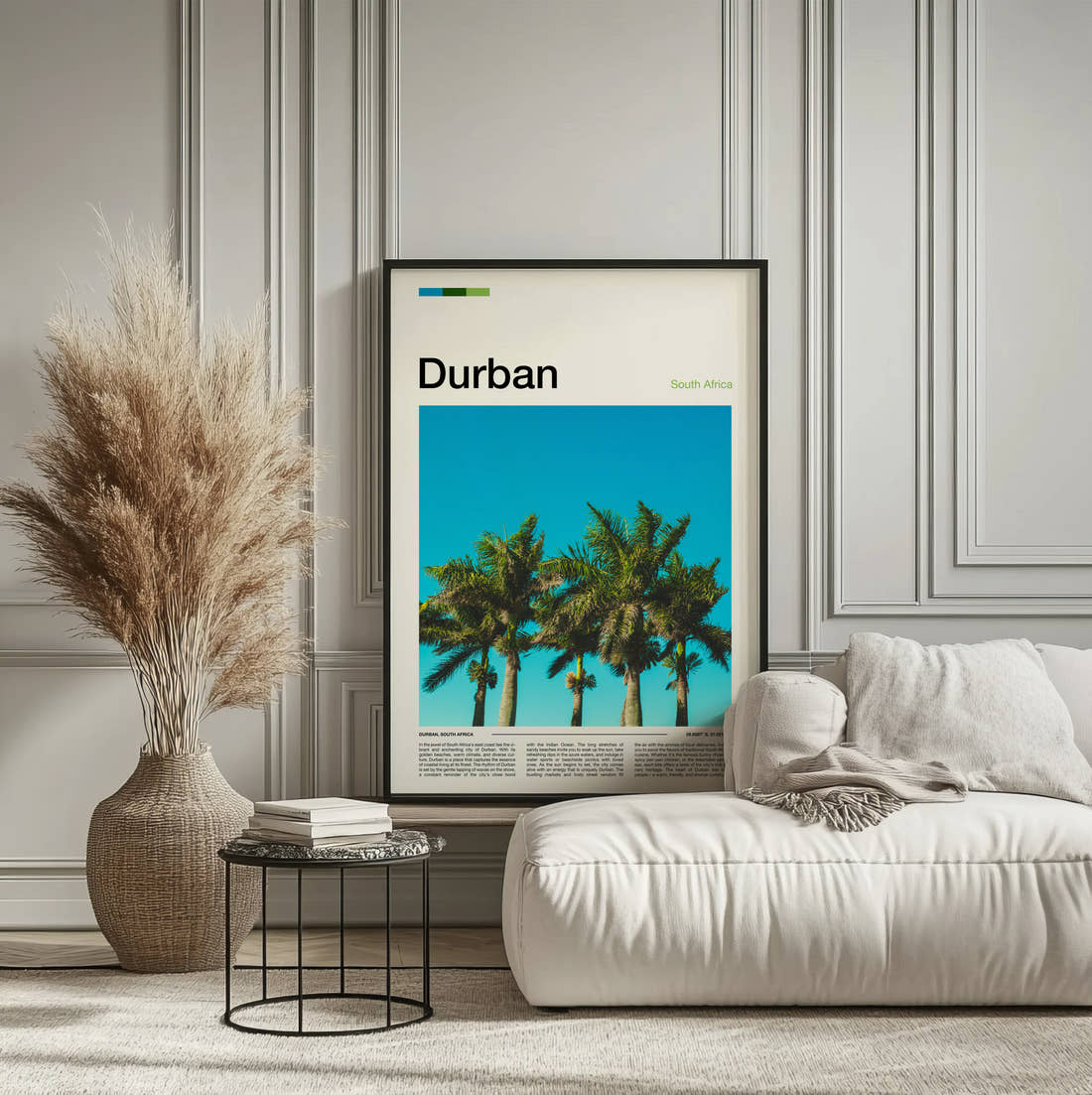 Durban Palm Trees Travel Print framed on the wall of a calm, neutral bedroom