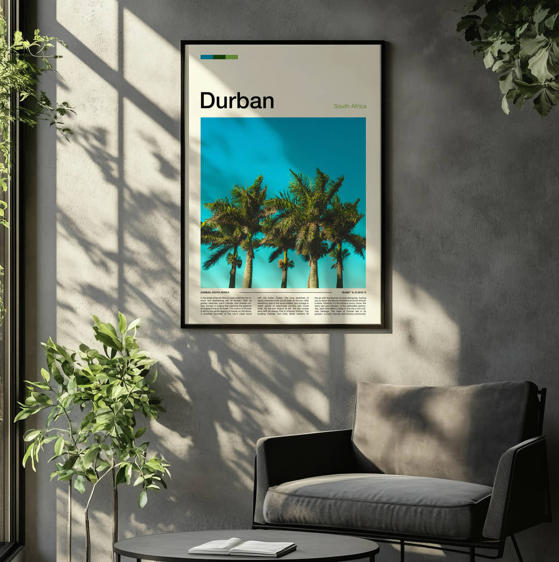 Durban Palm Trees Travel Print framed on the wall of a relaxed living room