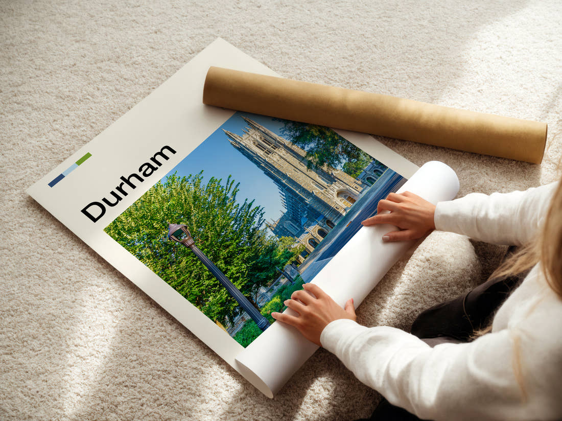 Durham Duke Chapel Travel Print being unrolled from its postal tube