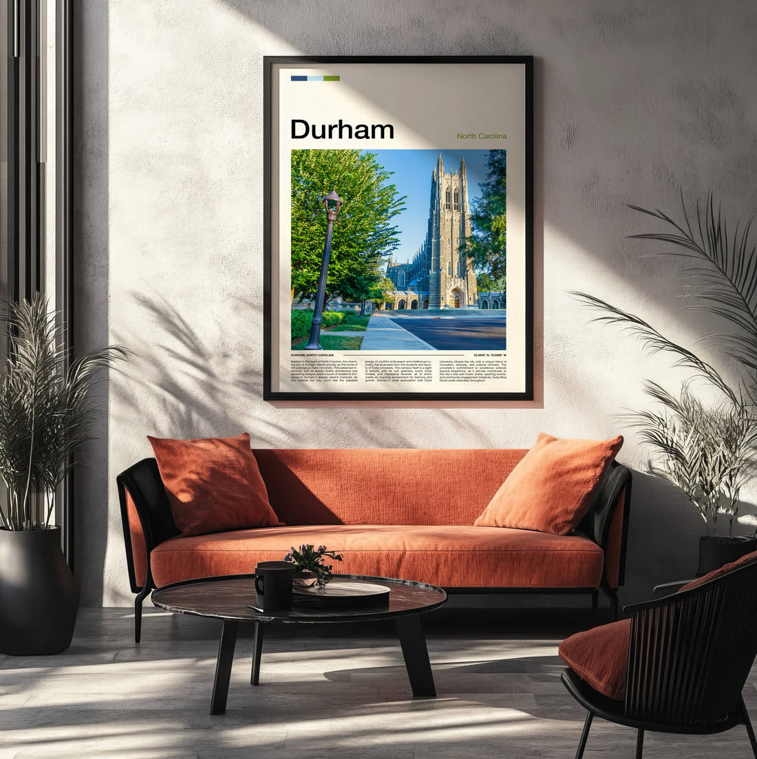Durham Duke Chapel Travel Print framed on the wall of a modern living room