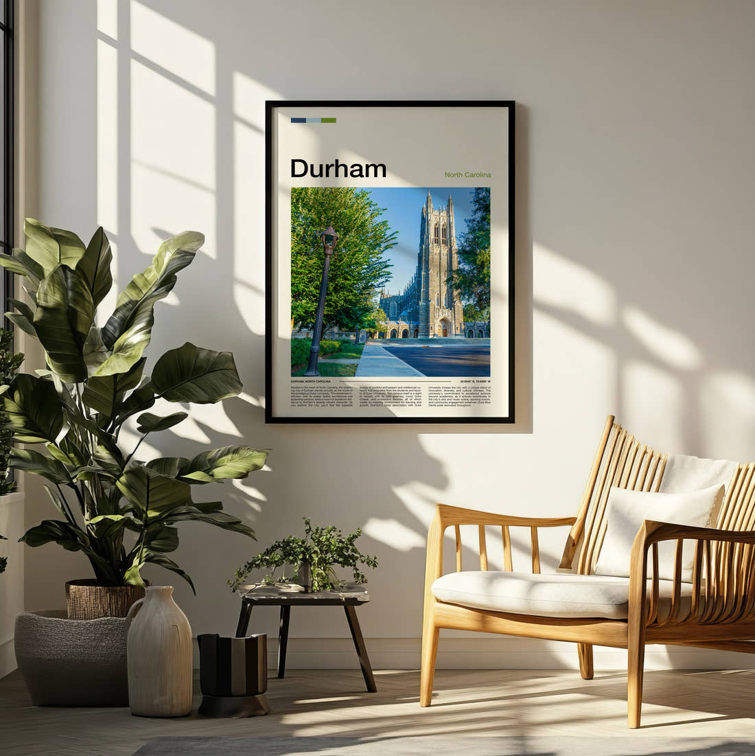 Durham Duke Chapel Travel Print framed on a pale wall beside houseplants