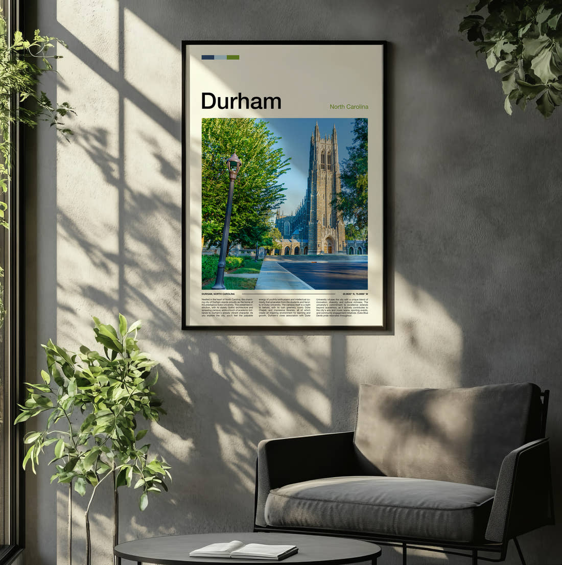 Durham Duke Chapel Travel Print framed on the wall of a relaxed living room