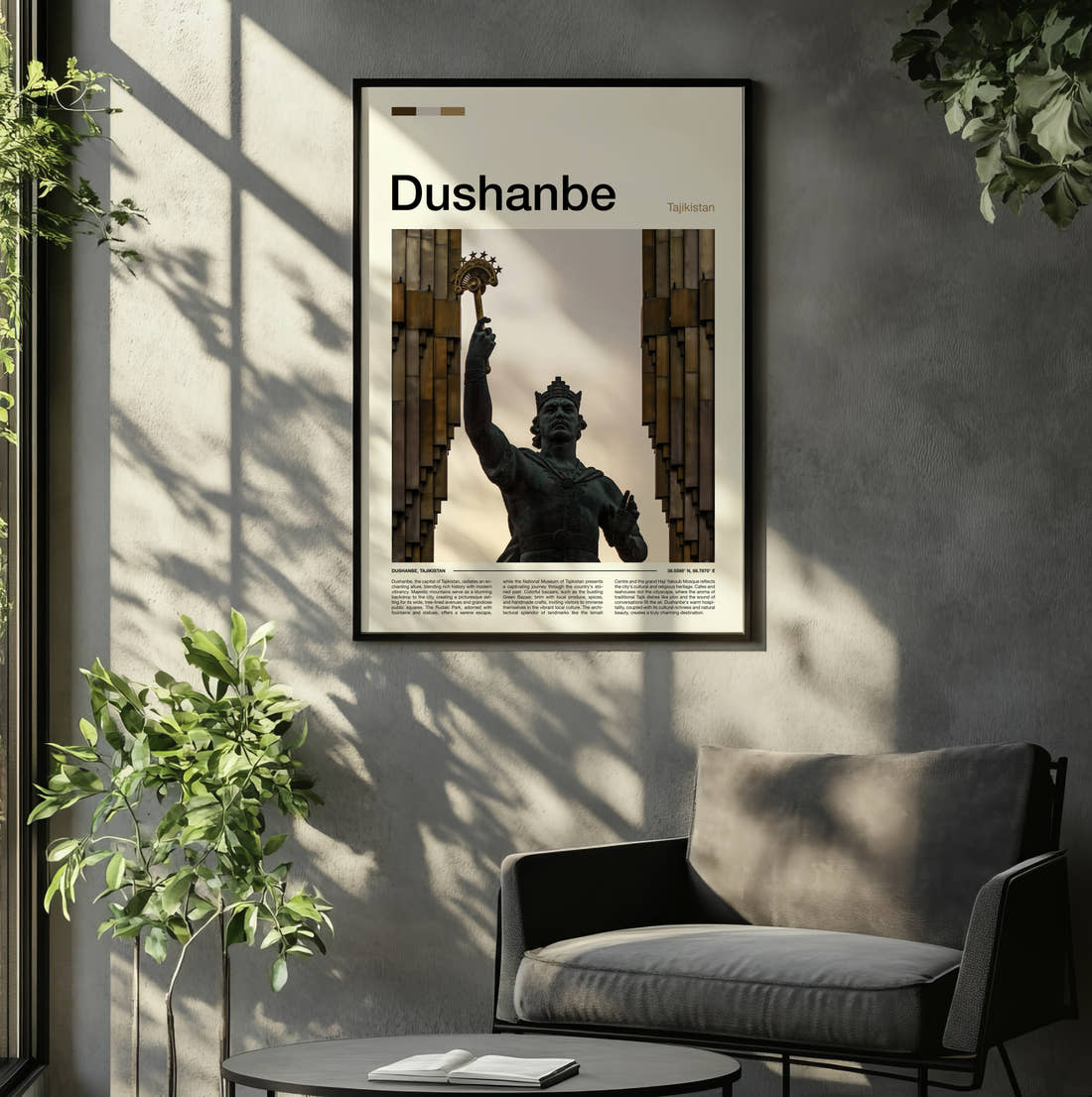 Dushanbe Ismoil Somoni Statue Travel Print framed on the wall of a relaxed living room