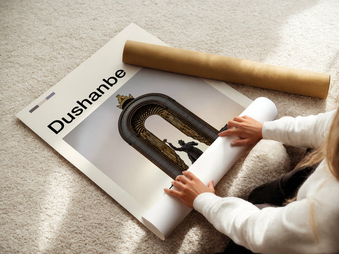 Dushanbe Golden Arch Monument Travel Print being unrolled from its postal tube