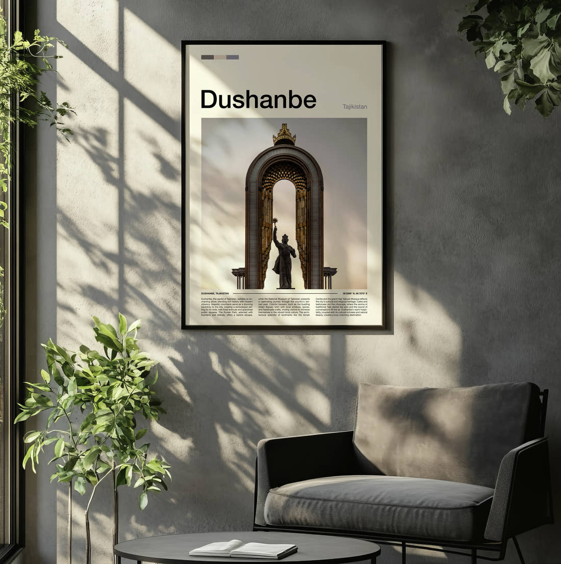 Dushanbe Golden Arch Monument Travel Print framed on the wall of a relaxed living room