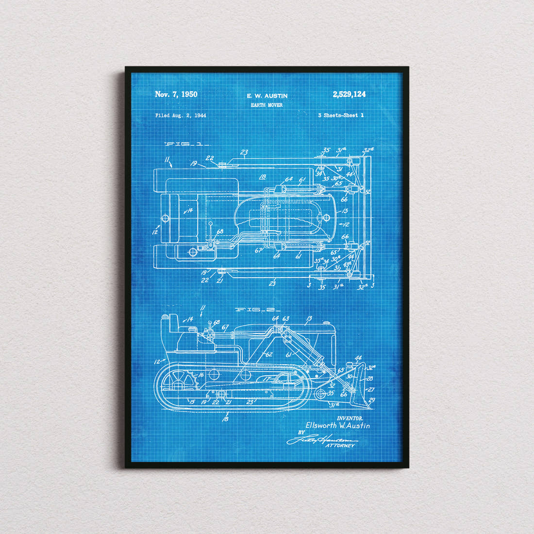 Earth Mover Patent Print in the blueprint colourway, framed