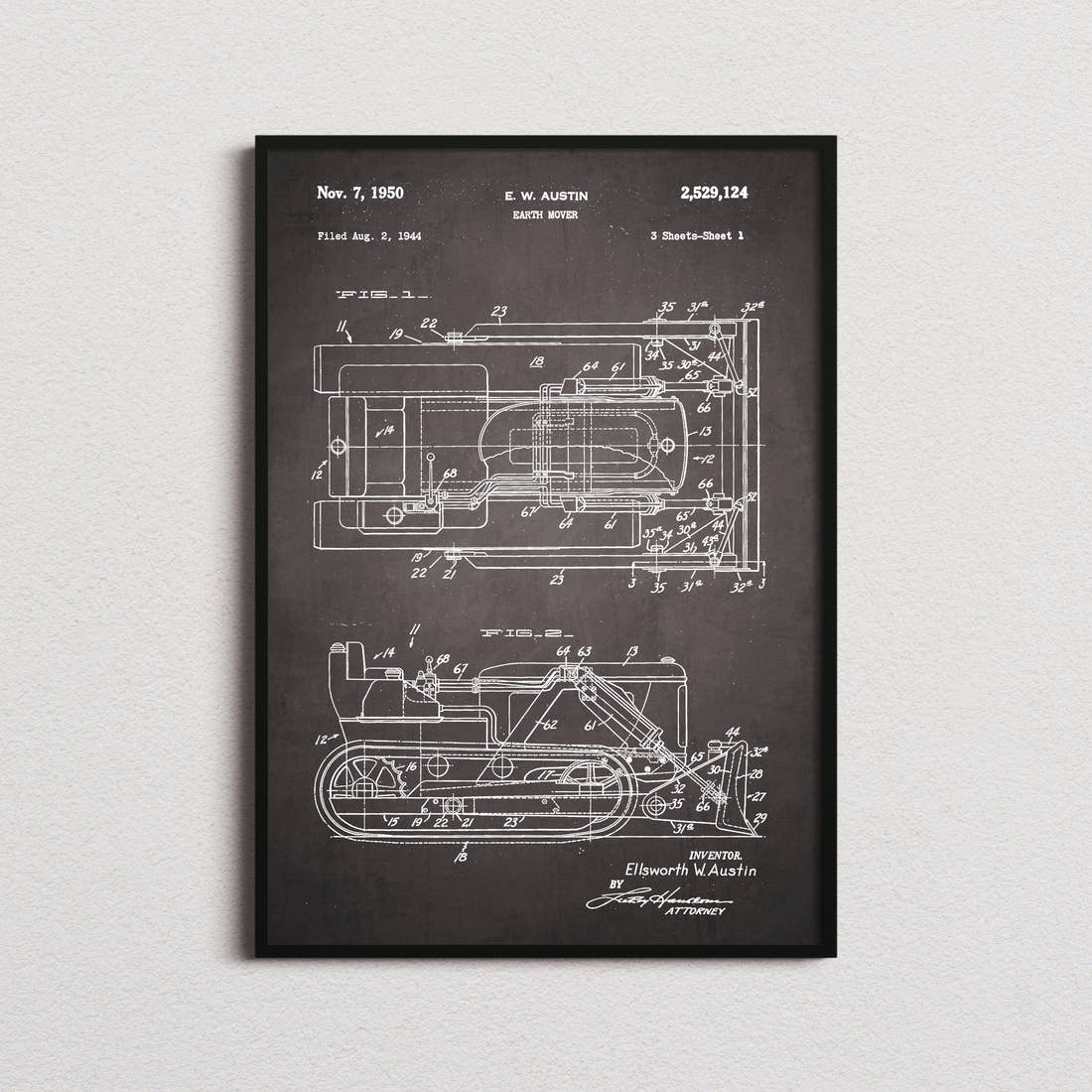 Earth Mover Patent Print in the blackboard colourway, framed