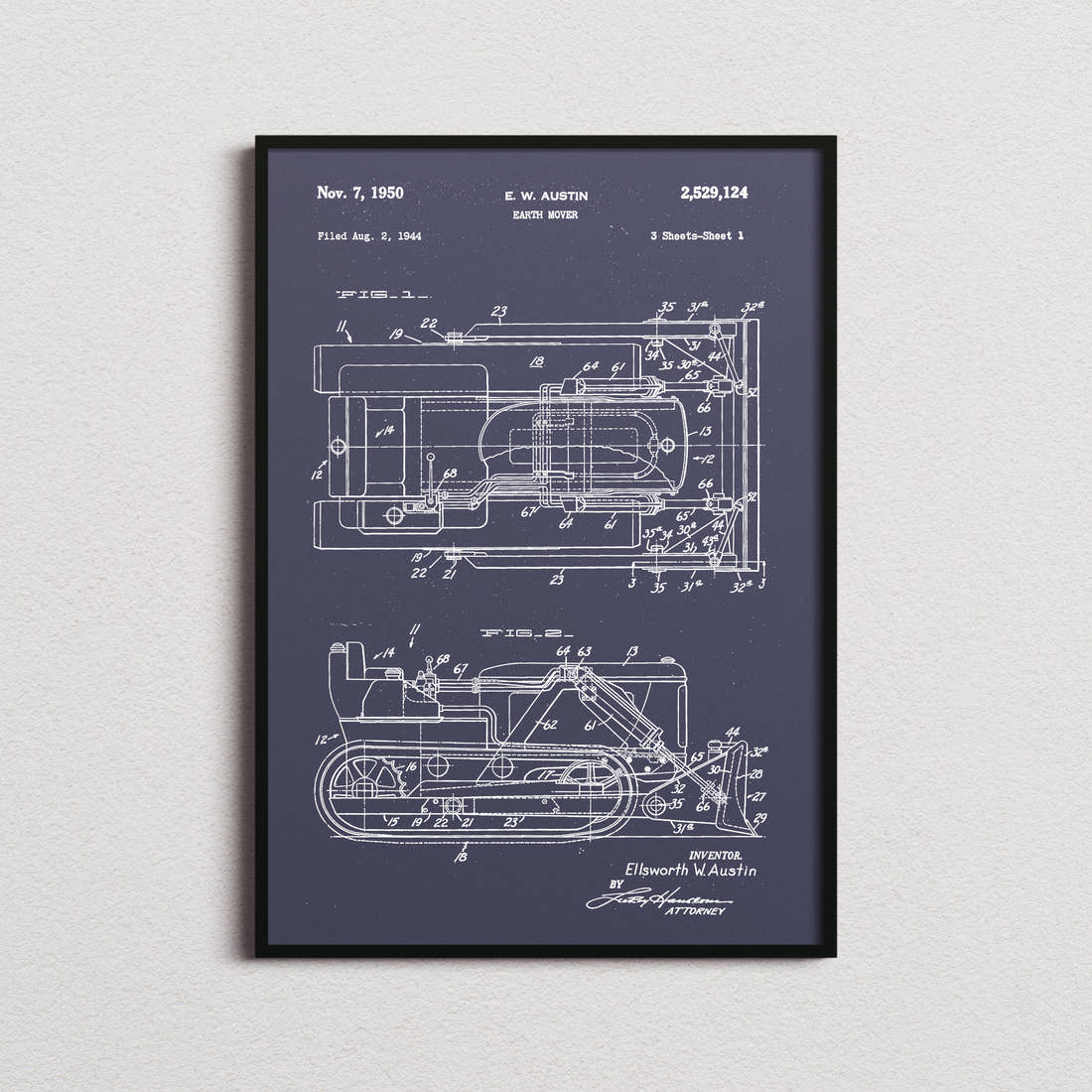 Earth Mover Patent Print in the navy colourway, framed