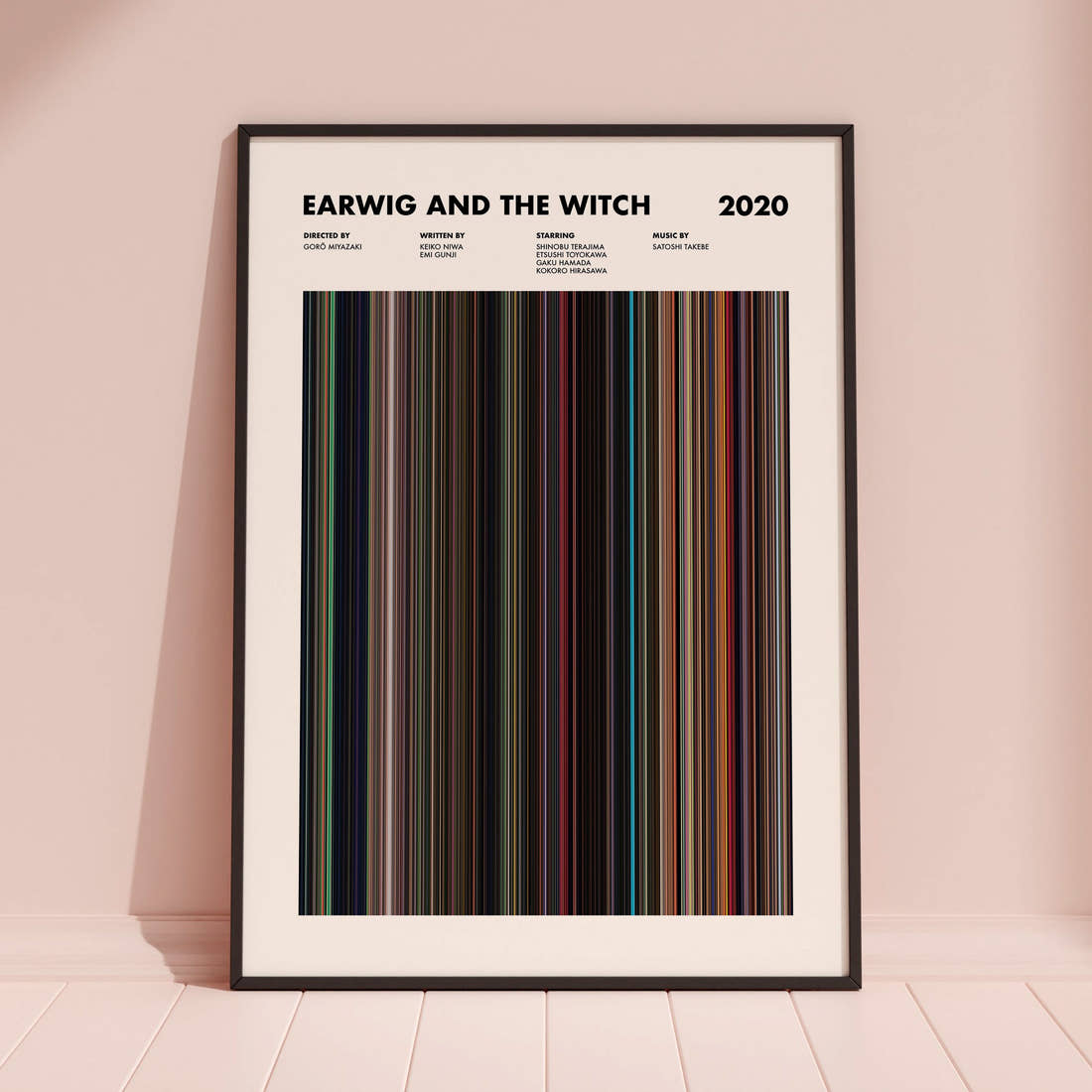 Earwig and the Witch Movie Barcode Poster framed and leaning against a coloured wall