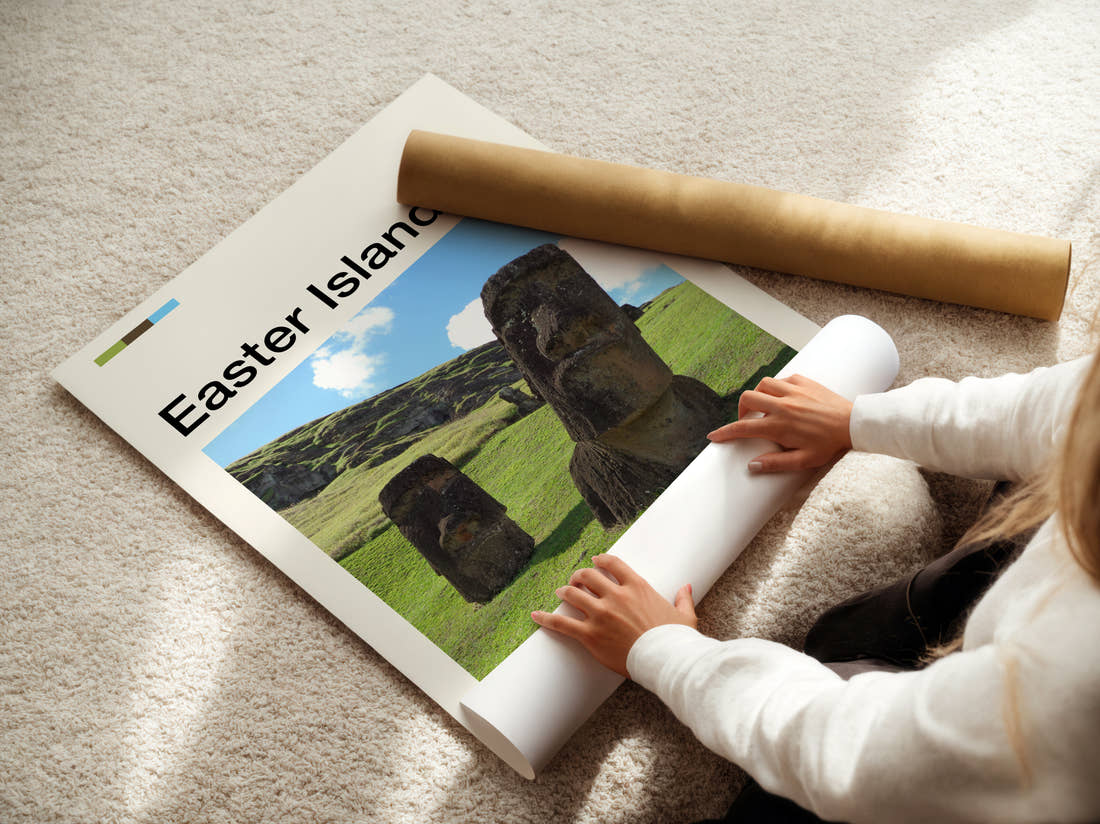 Easter Island Moai Statues On The Hillside Travel Print being unrolled from its postal tube
