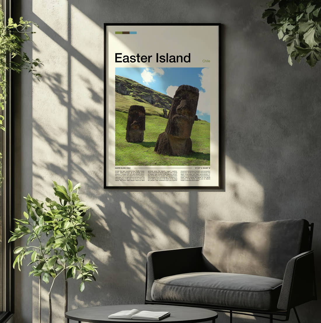 Easter Island Moai Statues On The Hillside Travel Print framed on the wall of a relaxed living room