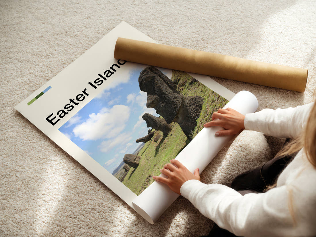 Easter Island Moai Statues In Profile Travel Print being unrolled from its postal tube