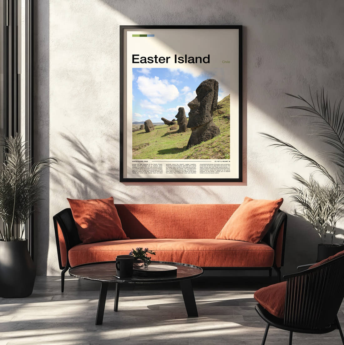 Easter Island Moai Statues In Profile Travel Print framed on the wall of a modern living room