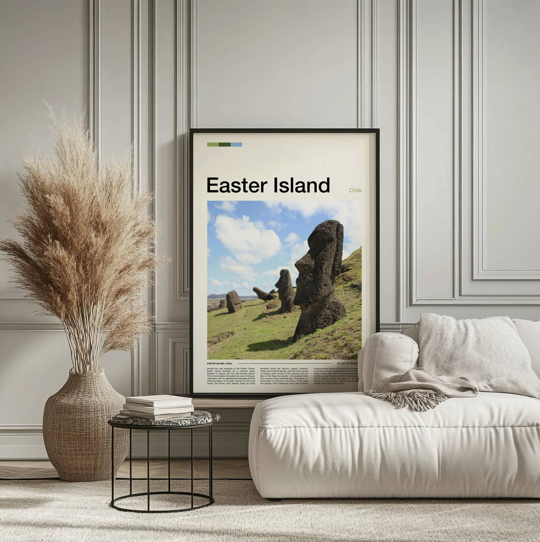 Easter Island Moai Statues In Profile Travel Print framed on the wall of a calm, neutral bedroom