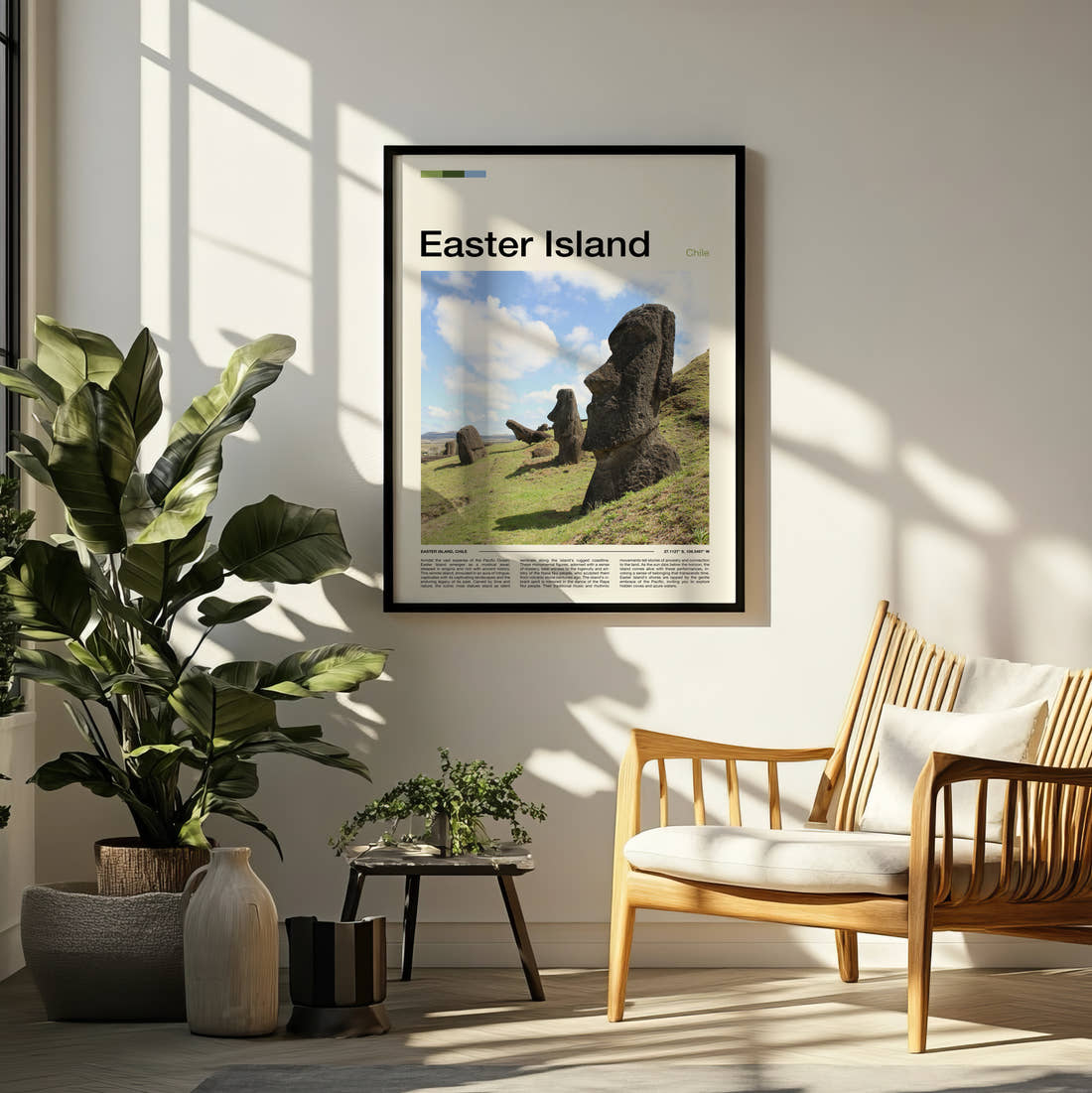 Easter Island Moai Statues In Profile Travel Print framed on a pale wall beside houseplants
