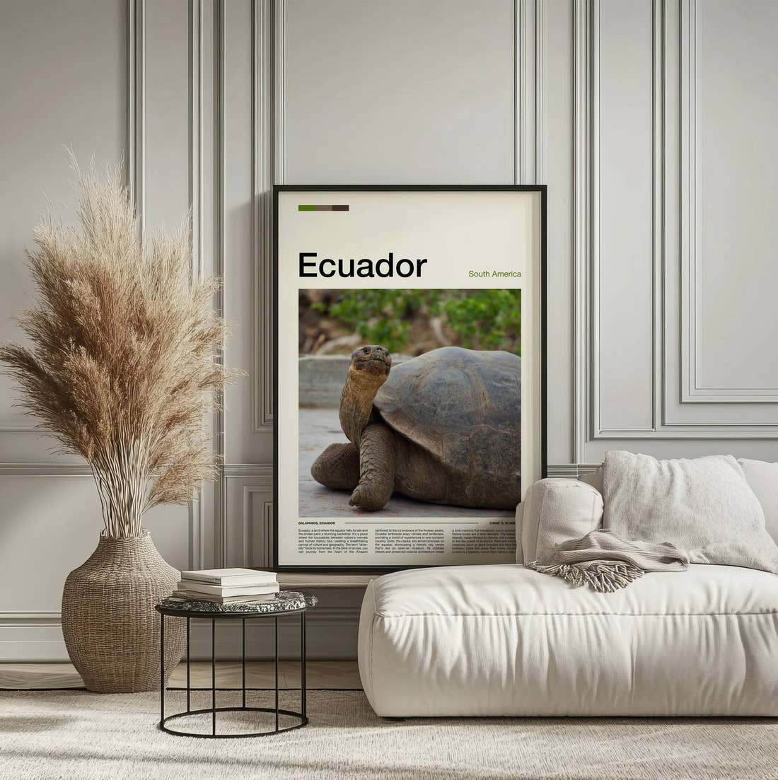 Ecuador Giant Tortoise Travel Print framed on the wall of a calm, neutral bedroom