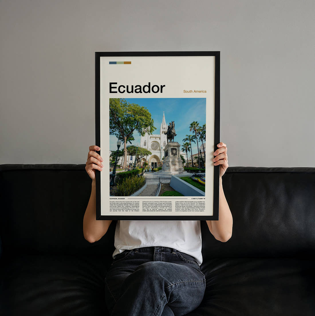 Ecuador Equestrian Statue Travel Print held up by hand to show the size of the print