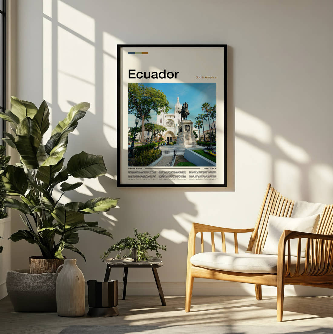 Ecuador Equestrian Statue Travel Print framed on a pale wall beside houseplants