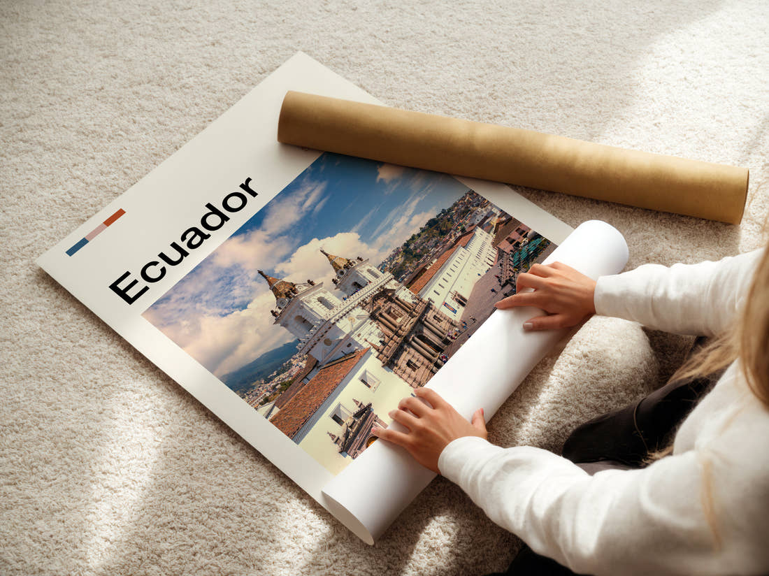 Ecuador White Colonial Church Travel Print being unrolled from its postal tube