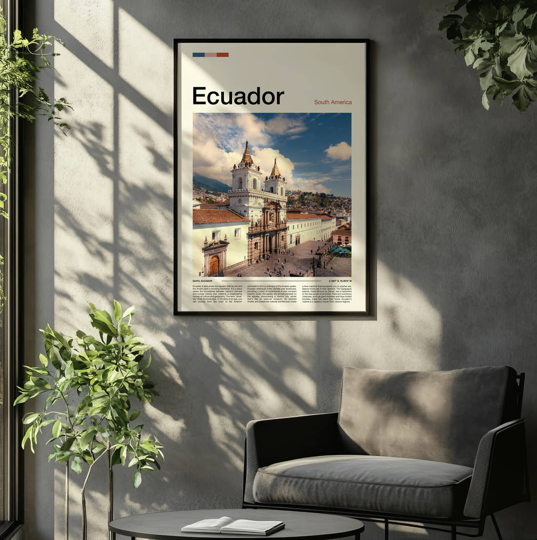 Ecuador White Colonial Church Travel Print framed on the wall of a relaxed living room