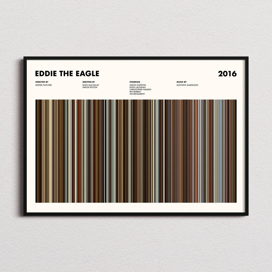 Eddie the Eagle Movie Barcode Poster framed and photographed straight on