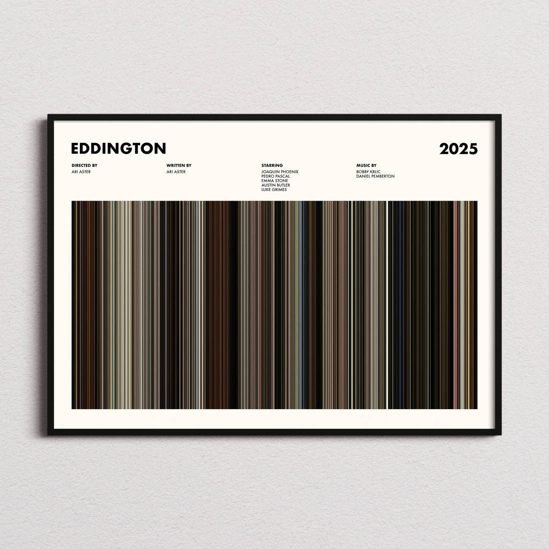Eddington Movie Barcode Poster framed and photographed straight on