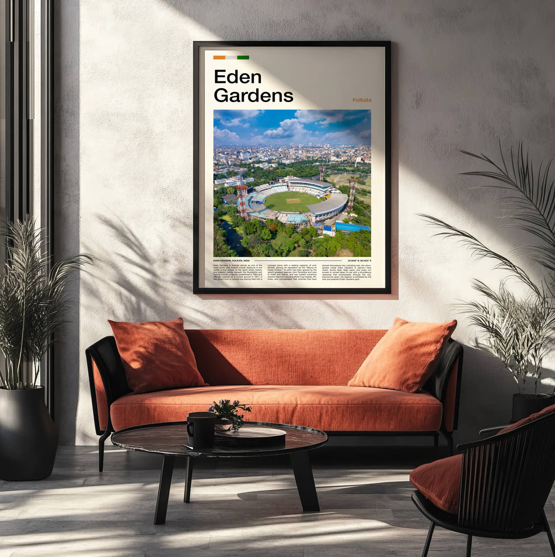 Eden Gardens Stadium Print framed on the wall of a modern living room
