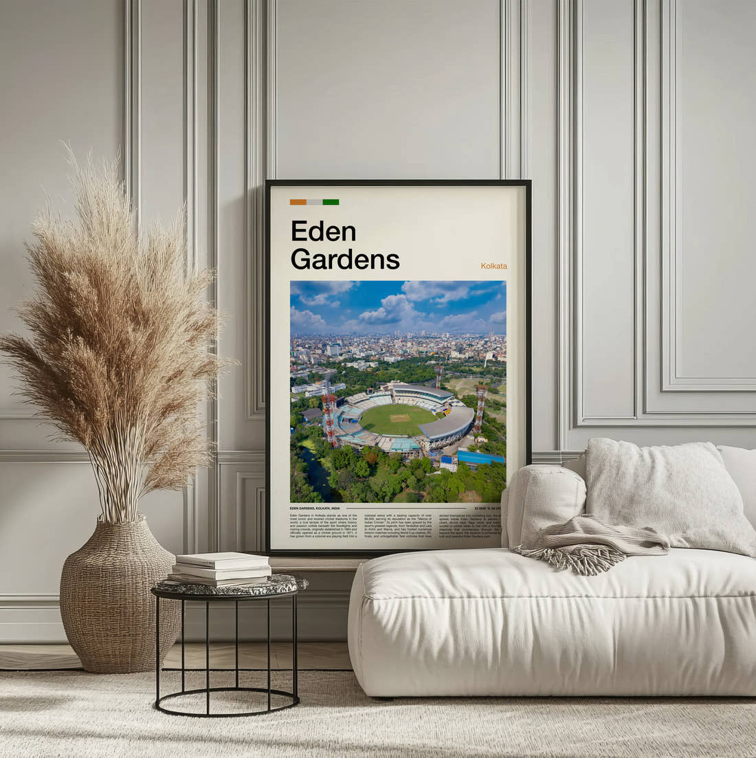 Eden Gardens Stadium Print framed on the wall of a calm, neutral bedroom