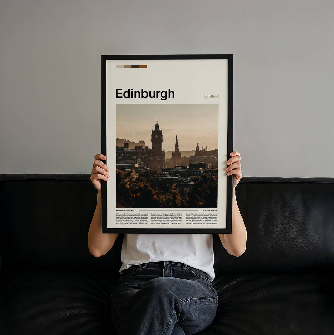 Edinburgh Balmoral Clock Tower Travel Print held up by hand to show the size of the print