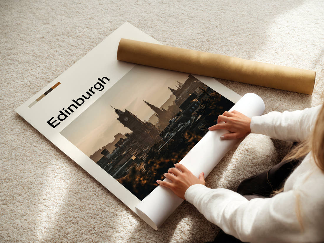 Edinburgh Balmoral Clock Tower Travel Print being unrolled from its postal tube