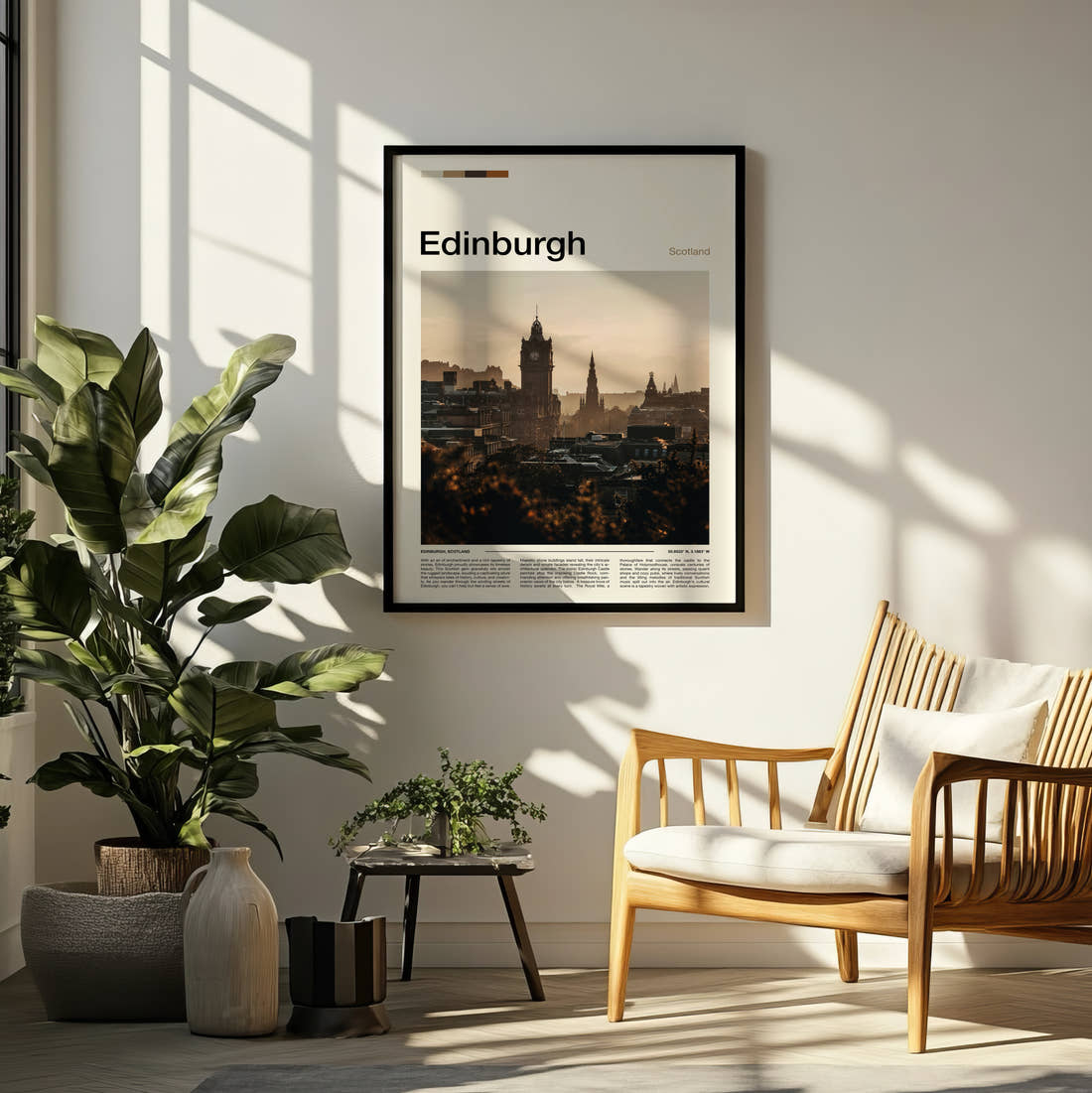 Edinburgh Balmoral Clock Tower Travel Print framed on a pale wall beside houseplants