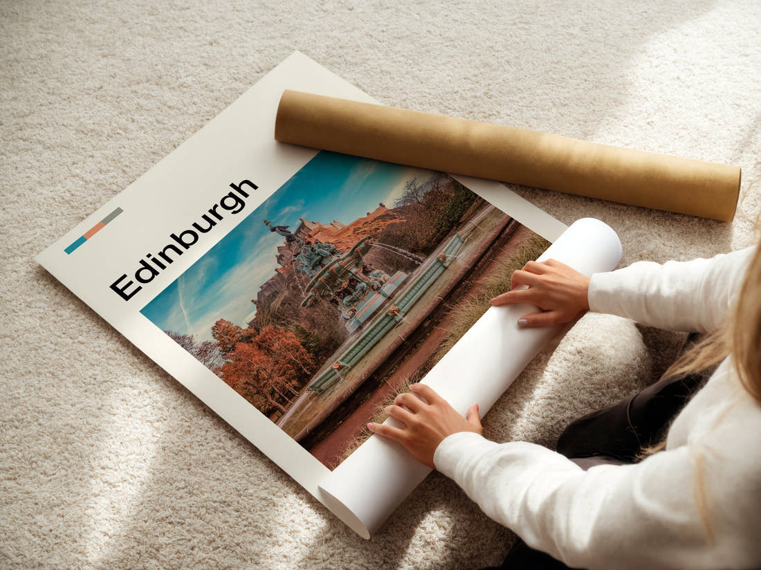 Edinburgh Ross Fountain Travel Print being unrolled from its postal tube