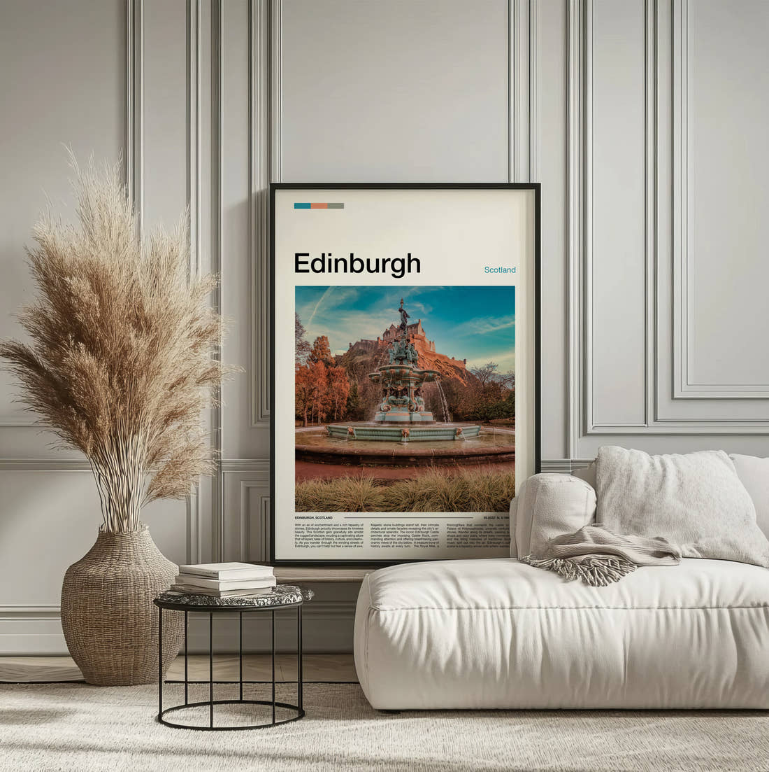 Edinburgh Ross Fountain Travel Print framed on the wall of a calm, neutral bedroom