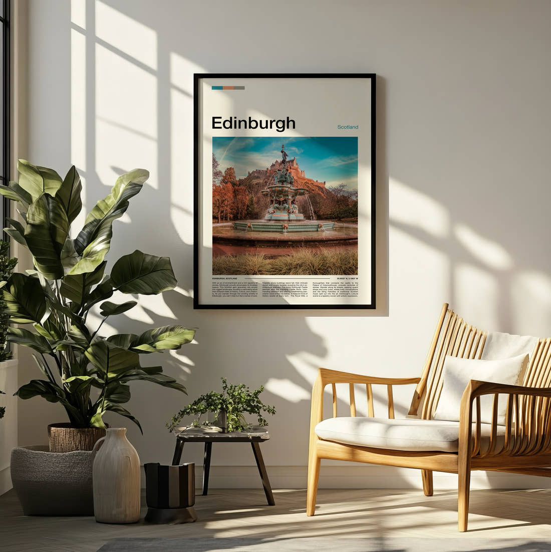 Edinburgh Ross Fountain Travel Print framed on a pale wall beside houseplants