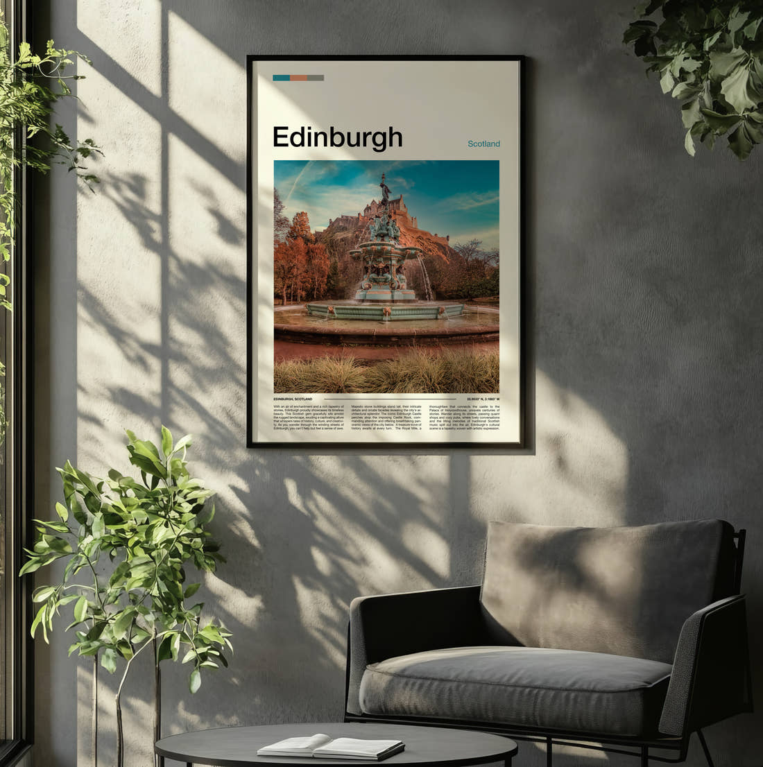 Edinburgh Ross Fountain Travel Print framed on the wall of a relaxed living room