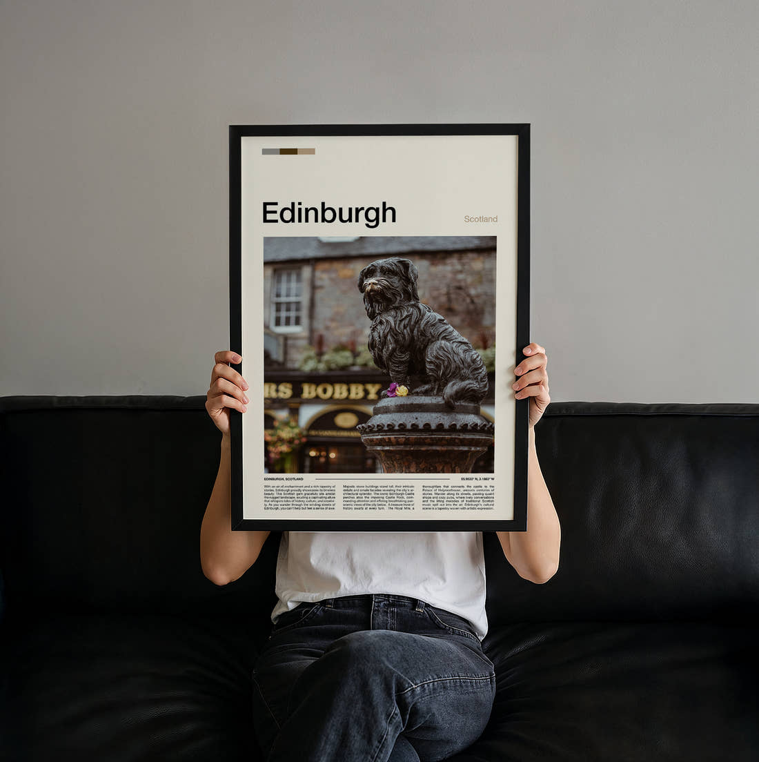 Edinburgh Greyfriars Bobby Statue Travel Print held up by hand to show the size of the print