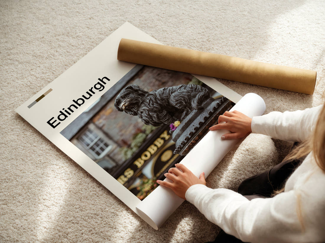 Edinburgh Greyfriars Bobby Statue Travel Print being unrolled from its postal tube