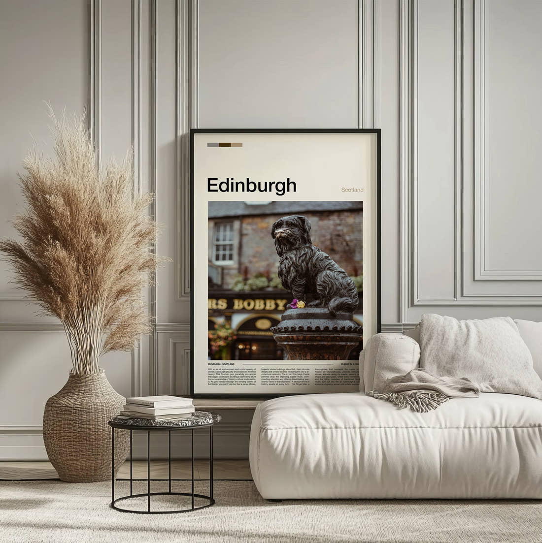 Edinburgh Greyfriars Bobby Statue Travel Print framed on the wall of a calm, neutral bedroom