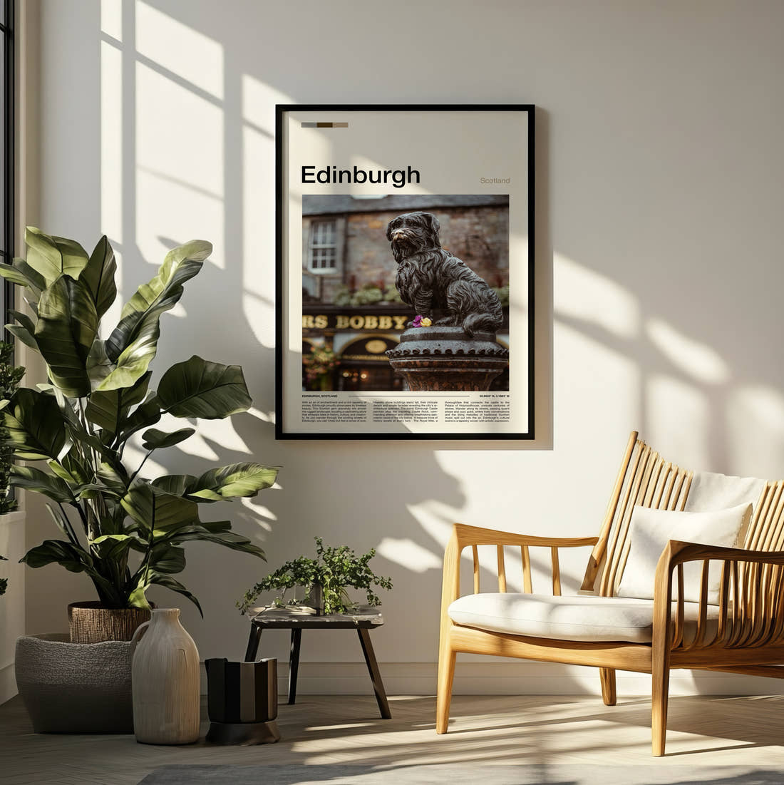 Edinburgh Greyfriars Bobby Statue Travel Print framed on a pale wall beside houseplants