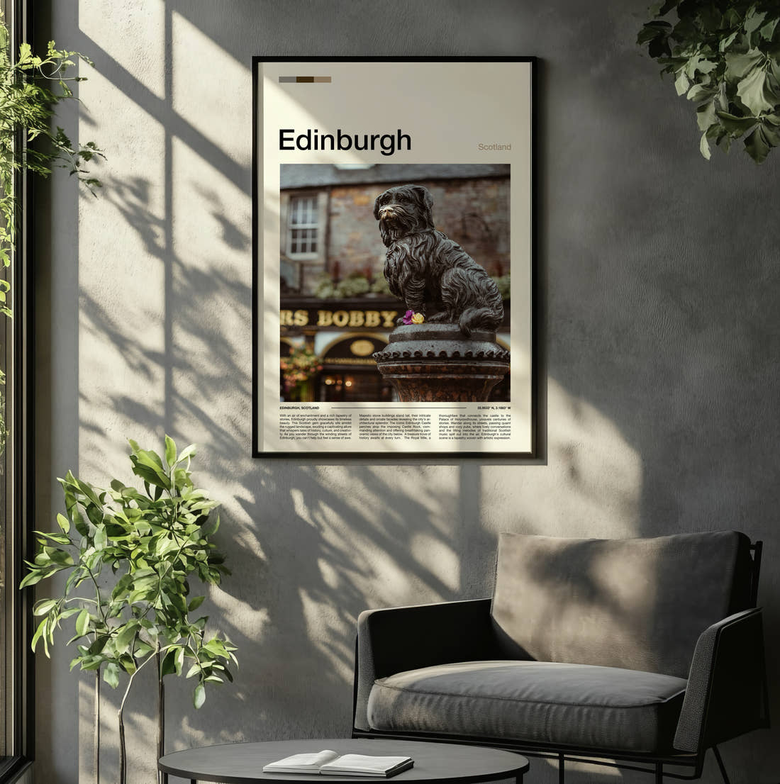 Edinburgh Greyfriars Bobby Statue Travel Print framed on the wall of a relaxed living room