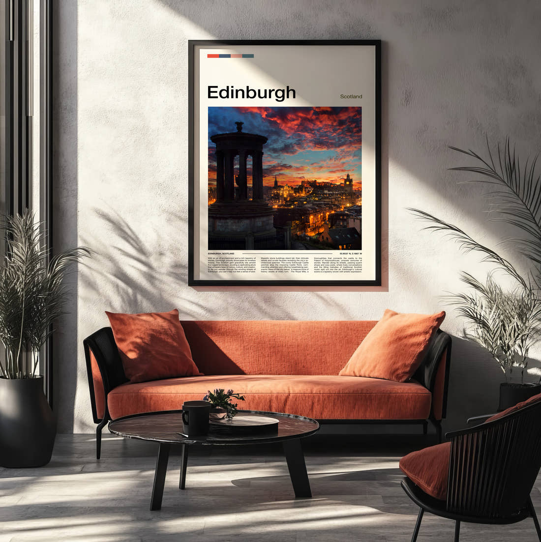 Edinburgh Dugald Stewart Monument Travel Print framed on the wall of a modern living room