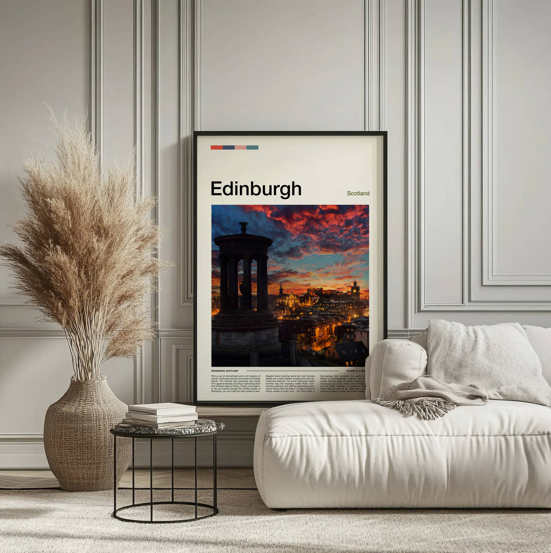 Edinburgh Dugald Stewart Monument Travel Print framed on the wall of a calm, neutral bedroom