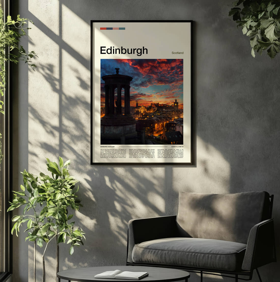 Edinburgh Dugald Stewart Monument Travel Print framed on the wall of a relaxed living room