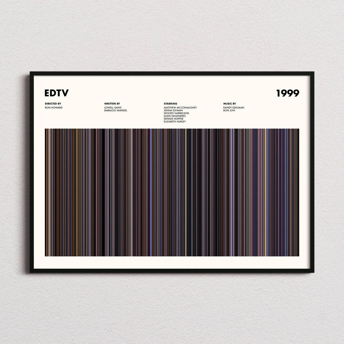 EDtv Movie Barcode Poster framed and photographed straight on