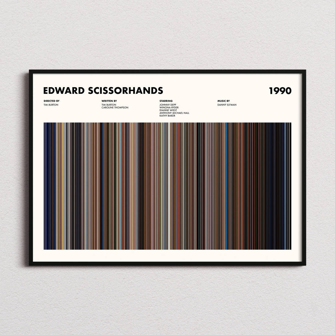 Edward Scissorhands Movie Barcode Poster framed and photographed straight on