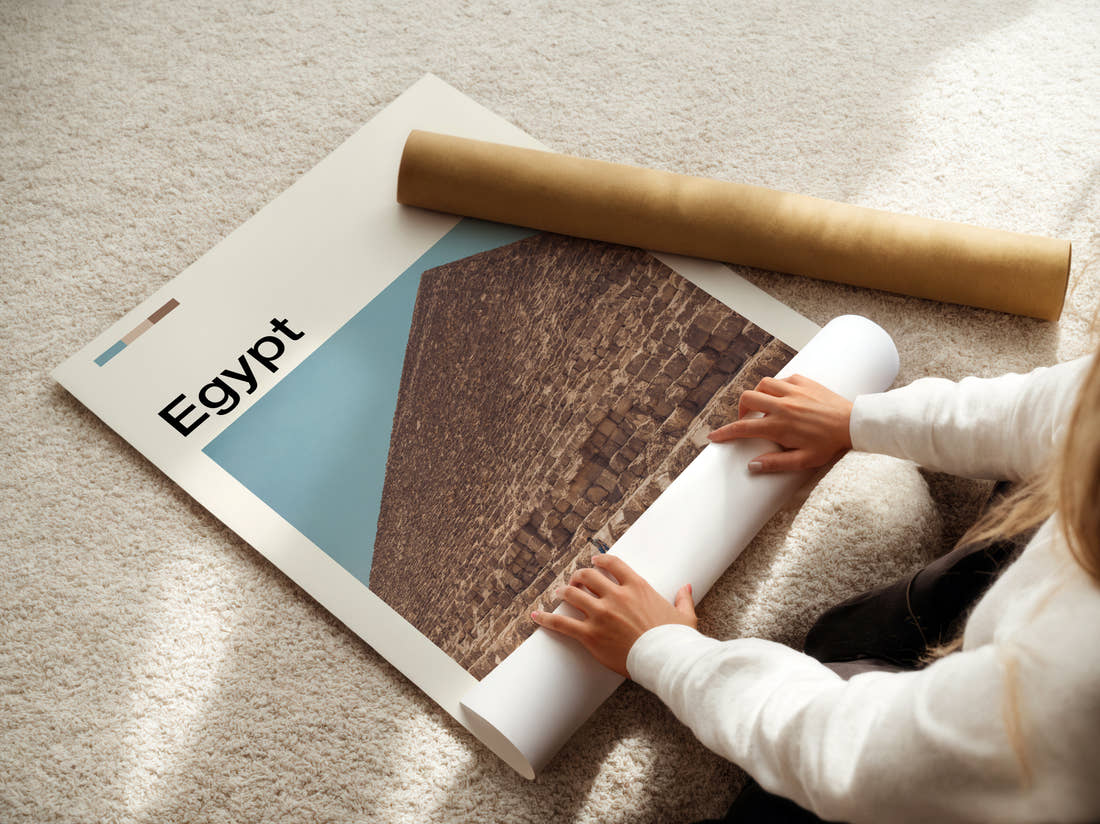 Egypt Great Pyramid Travel Print being unrolled from its postal tube