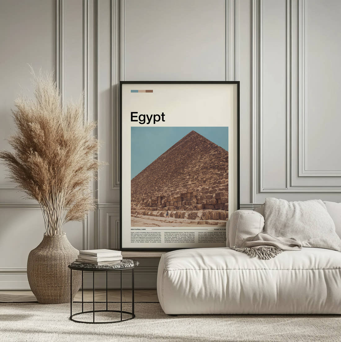 Egypt Great Pyramid Travel Print framed on the wall of a calm, neutral bedroom